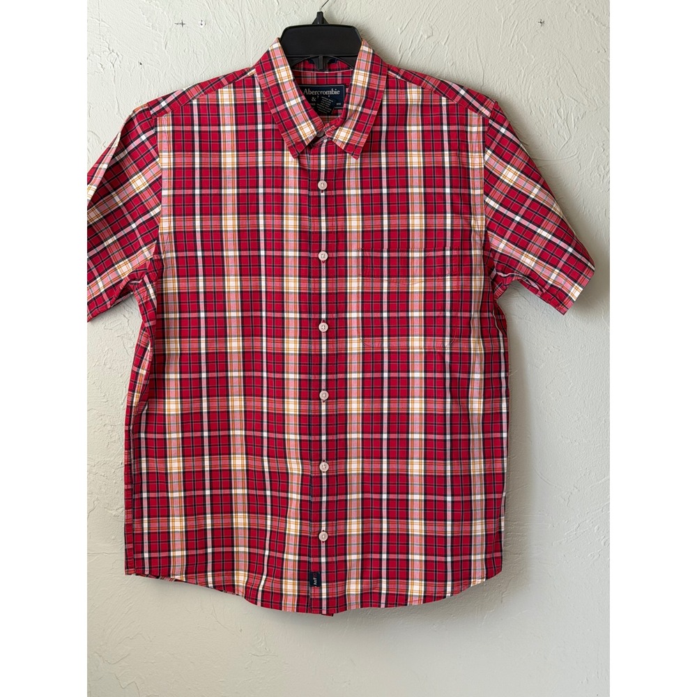 Abercrombie & Fitch Mens Red Plaid Short Sleeve Button Down‎ Shirt Cotton Size M